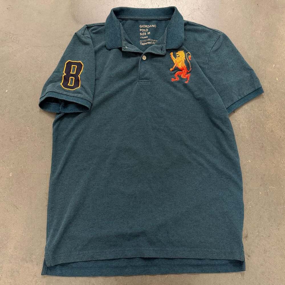 Giordano Embroidered Lion Polo Shirt Green Tapered Fit Y2K